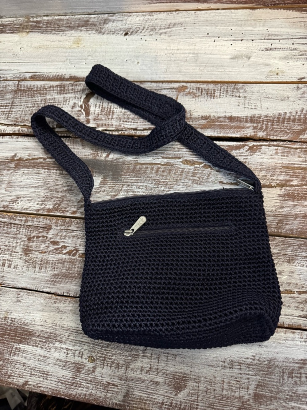 The Sak Black Crochet Crossbody with Front Zip